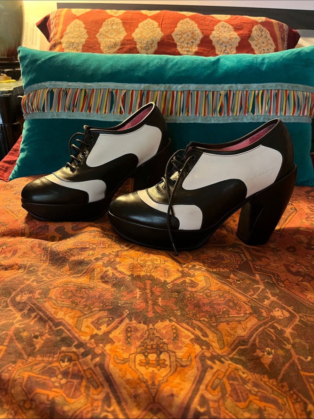 John Fluevog Black and White Lace-Up Platform Pumps